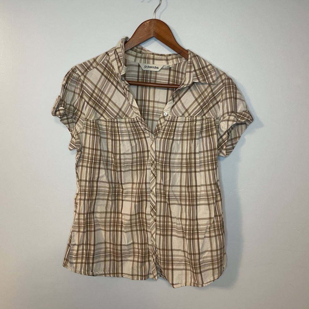 St. John's Bay‎ Brown Plaid Button Up Short Sleeve Casual Shirt Woman M